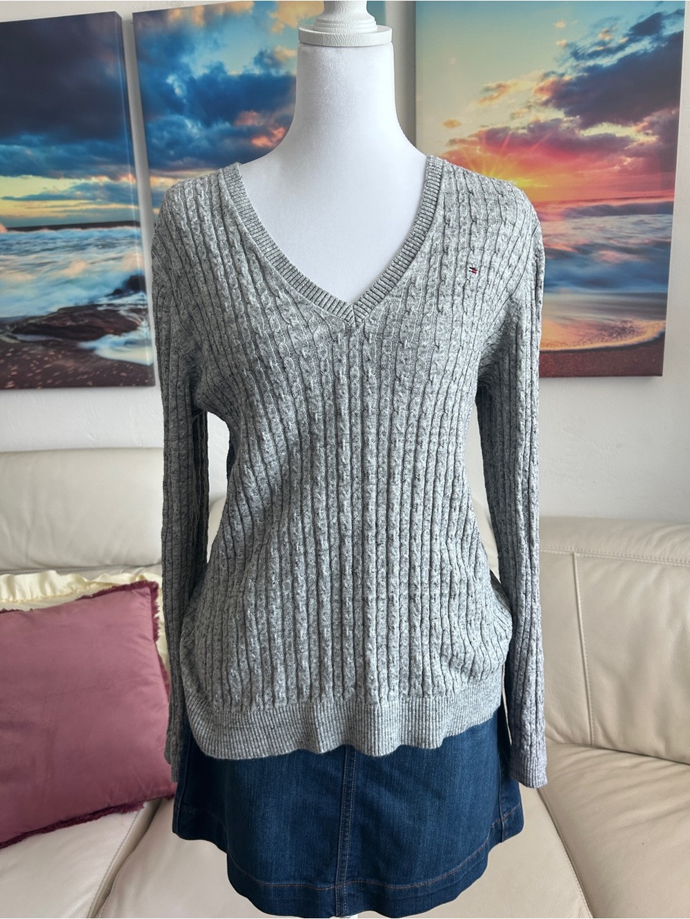 Tommy Hilfiger Gray Cable V-Neck Sweater